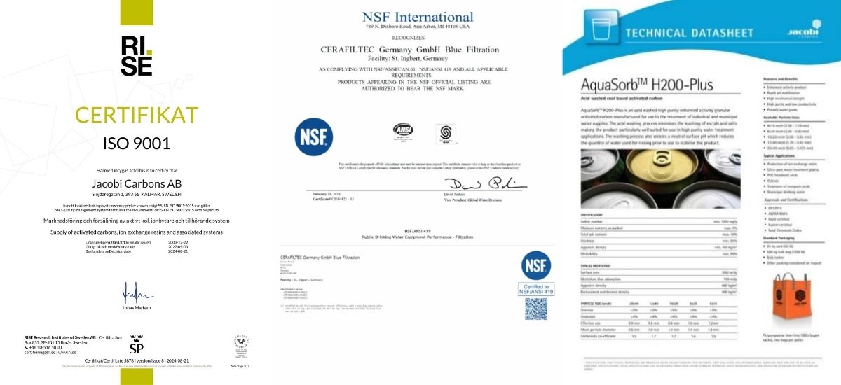 Jacobi đạt nhiều chứng nhận quốc tế như ISO 9001 và NSF, khẳng định tiêu chuẩn chất lượng, an toàn và hiệu quả vượt trội trong từng sản phẩm lọc nước