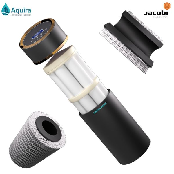 thiết kế 1 cột nhỏ gọn, cấu tạo gồm các vật liệu lọc bên trong