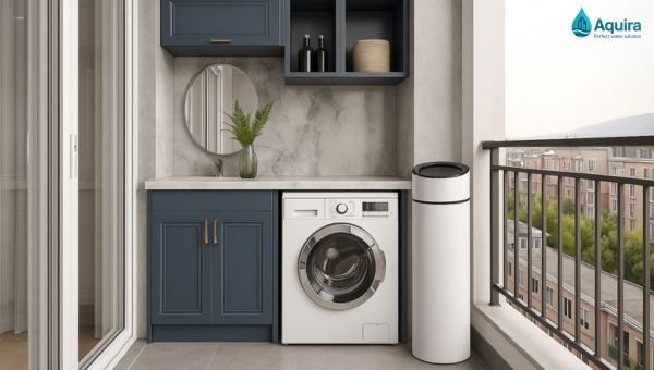 Hệ thống lọc tổng chung cư xử lý toàn bộ nước sinh hoạt, loại bỏ tạp chất, vi khuẩn, kim loại nặng, đảm bảo nước sạch, an toàn cho tắm, giặt, nấu ăn hàng ngày.