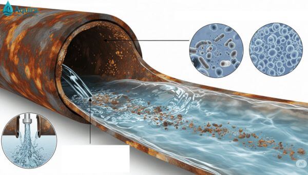 Trong quá trình vận chuyển qua đường ống và bể chứa, nước có thể bị nhiễm cặn, giảm clo khử trùng hoặc phát sinh vi sinh khó kiểm soát.