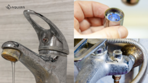 _Cận cảnh vòi nước inox trong nhà bị bám cặn vôi trắng li ti, dấu hiệu nhận biết nguồn nước cứng và ô nhiễm tại các hộ gia đình.