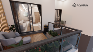 Không gian logia căn hộ hiện đại với thiết bị lọc nước đầu nguồn được lắp đặt gọn gàng, tinh tế.