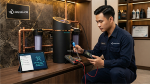Kỹ thuật viên Aquira kiểm tra sự cố máy lọc tổng tại nhà