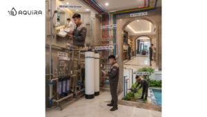 Kỹ thuật viên kiểm tra hệ thống nước villa tại nhiều điểm sử dụng